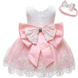 0-6T Baby Girl Party Dress Toddler Lace Embroideryr Evening Dresses with Headwear