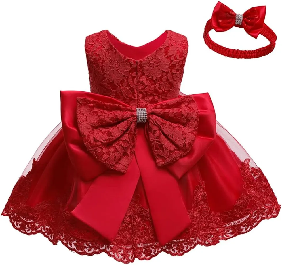 0-6T Baby Girl Party Dress Toddler Lace Embroideryr Evening Dresses with Headwear