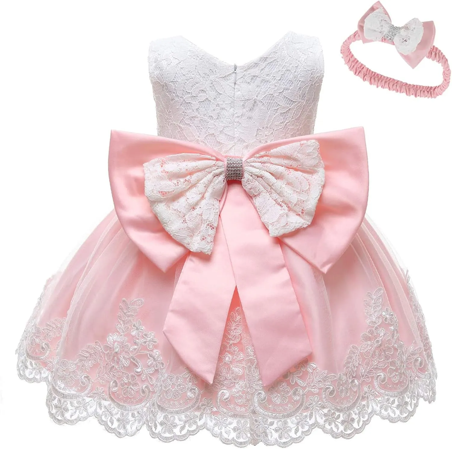 0-6T Baby Girl Party Dress Toddler Lace Embroideryr Evening Dresses with Headwear