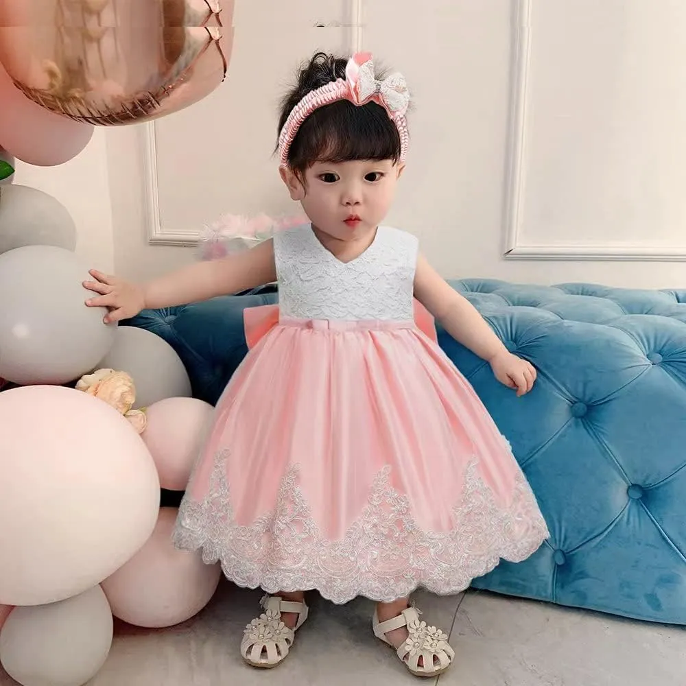 0-6T Baby Girl Party Dress Toddler Lace Embroideryr Evening Dresses with Headwear
