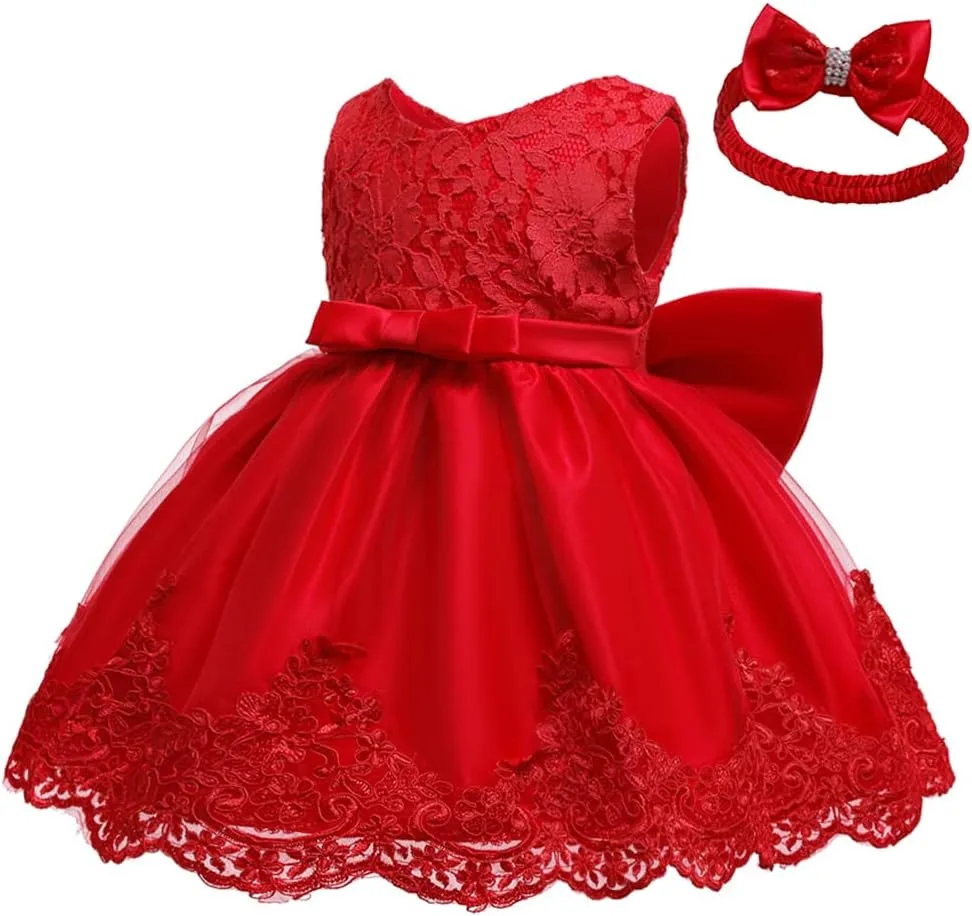 0-6T Baby Girl Party Dress Toddler Lace Embroideryr Evening Dresses with Headwear