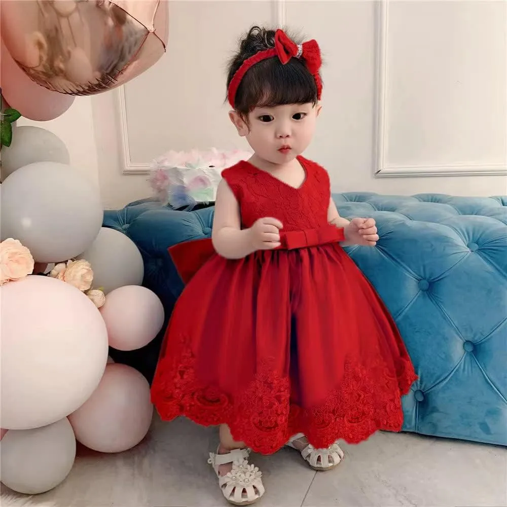0-6T Baby Girl Party Dress Toddler Lace Embroideryr Evening Dresses with Headwear