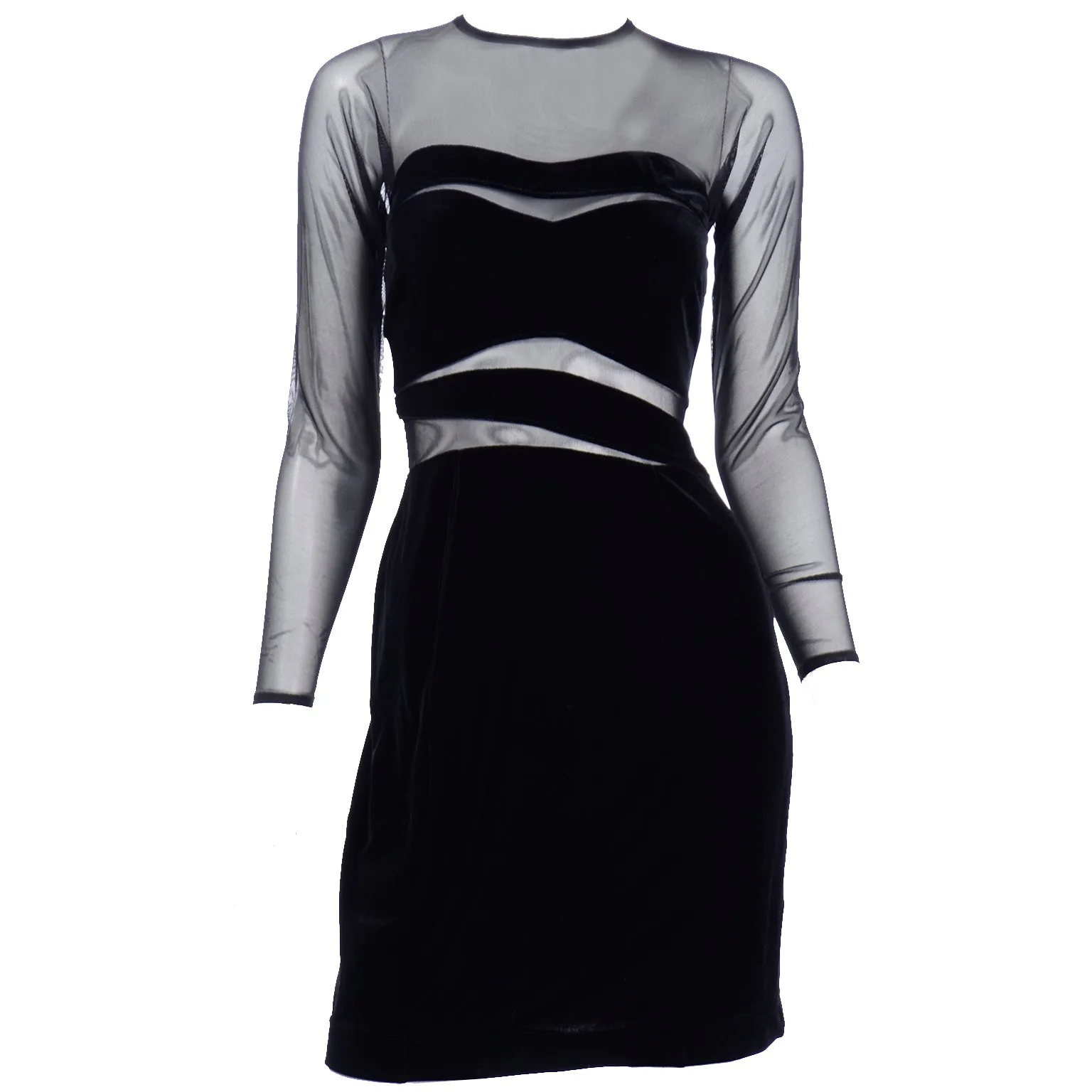 1990s Tadashi Shoji Vintage Black Bodycon Dress With Sheer Mesh