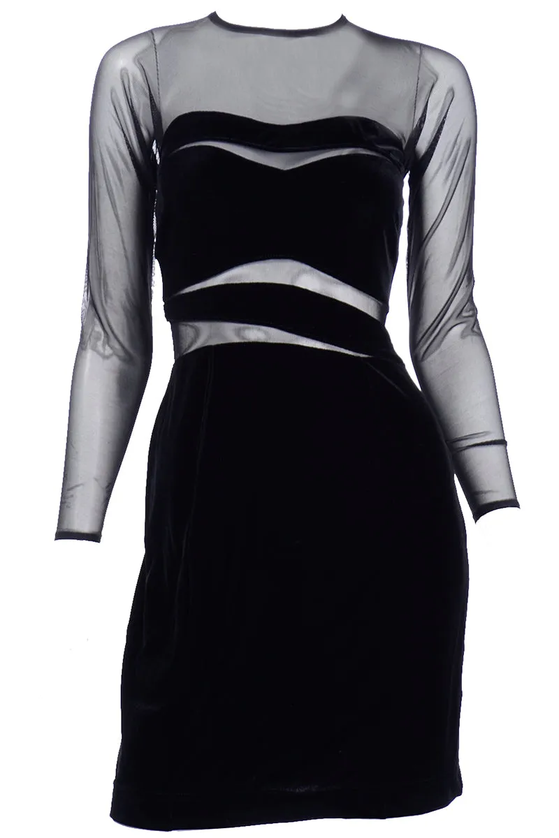 1990s Tadashi Shoji Vintage Black Bodycon Dress With Sheer Mesh