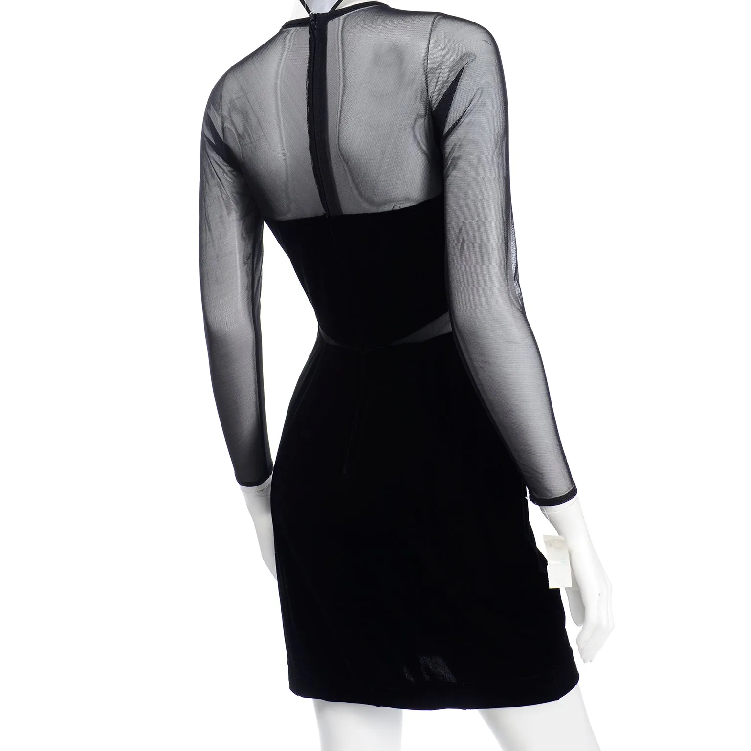 1990s Tadashi Shoji Vintage Black Bodycon Dress With Sheer Mesh