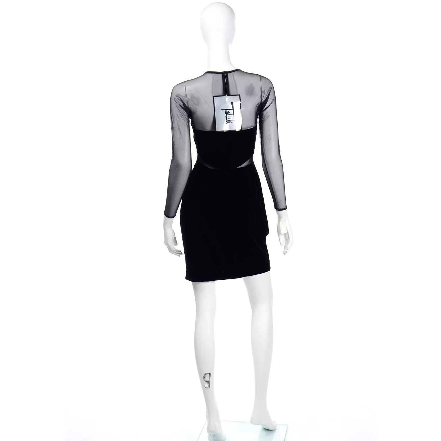 1990s Tadashi Shoji Vintage Black Bodycon Dress With Sheer Mesh