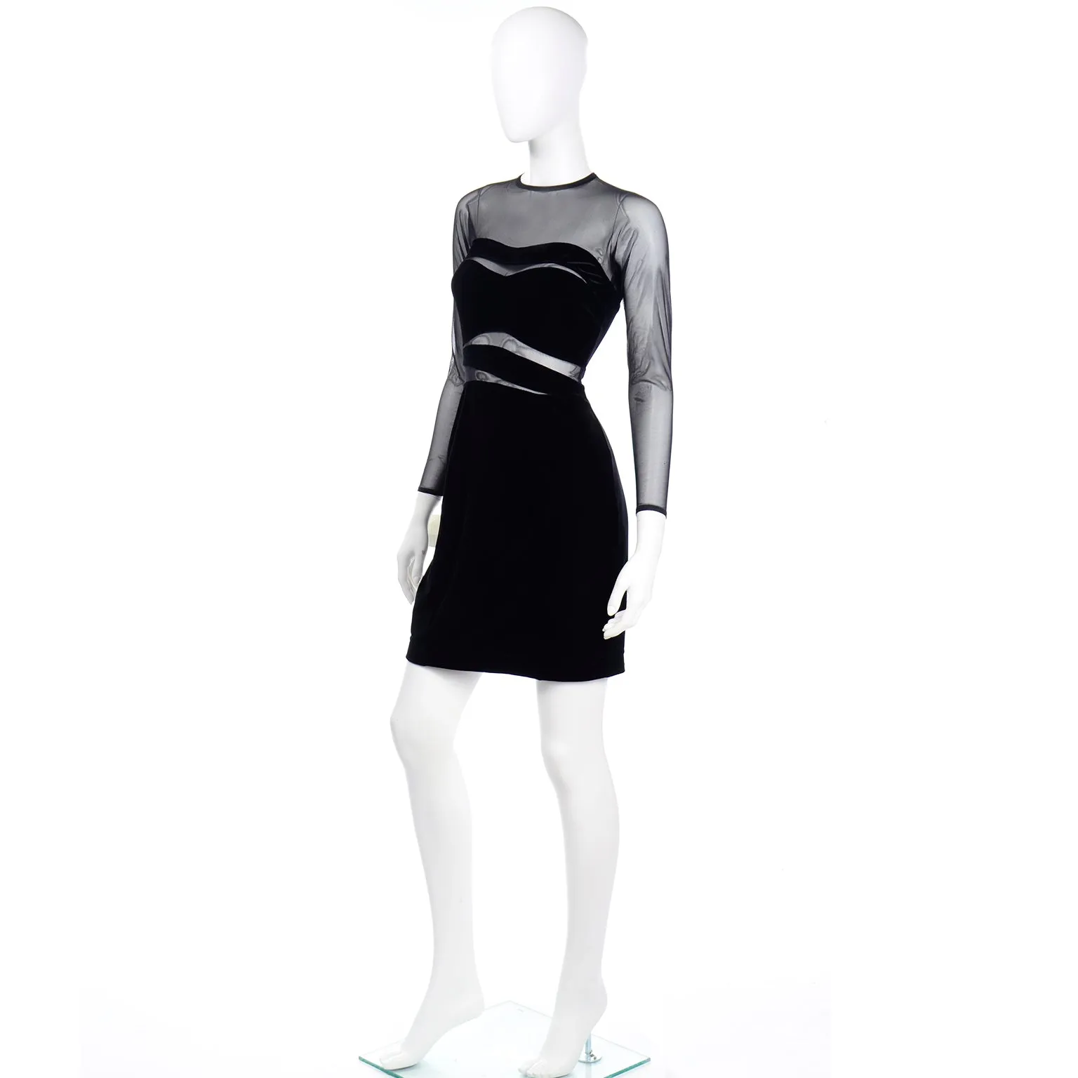1990s Tadashi Shoji Vintage Black Bodycon Dress With Sheer Mesh