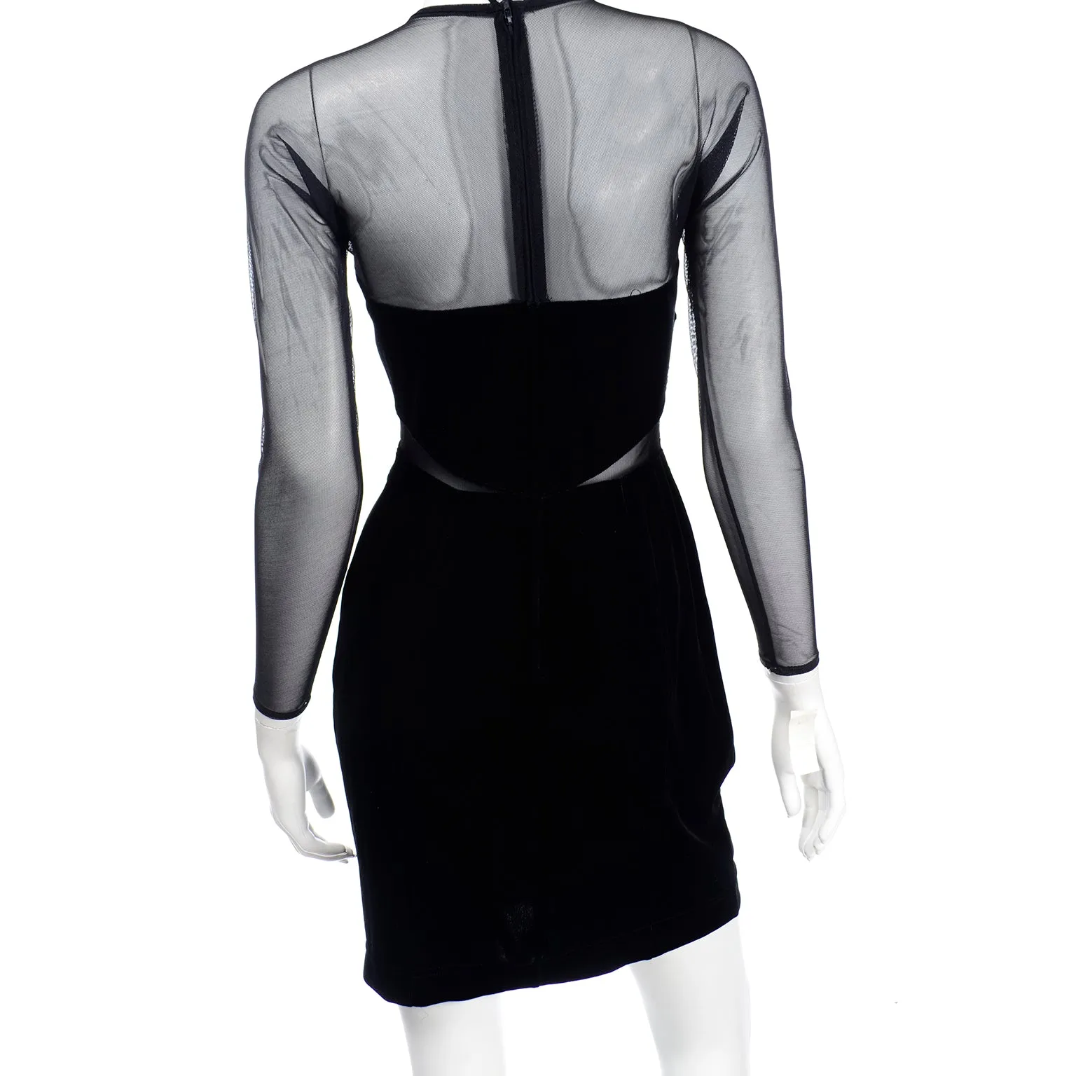 1990s Tadashi Shoji Vintage Black Bodycon Dress With Sheer Mesh