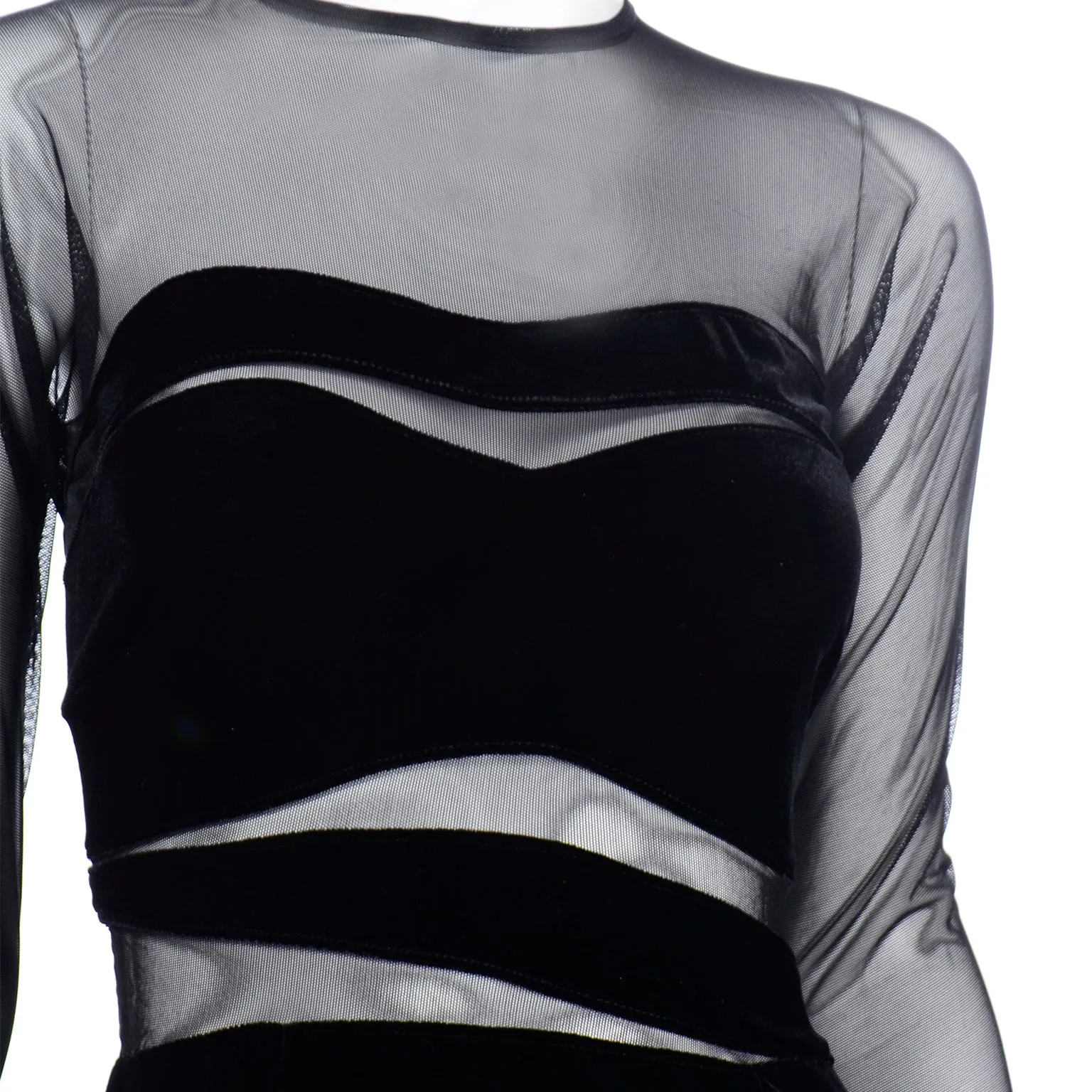 1990s Tadashi Shoji Vintage Black Bodycon Dress With Sheer Mesh
