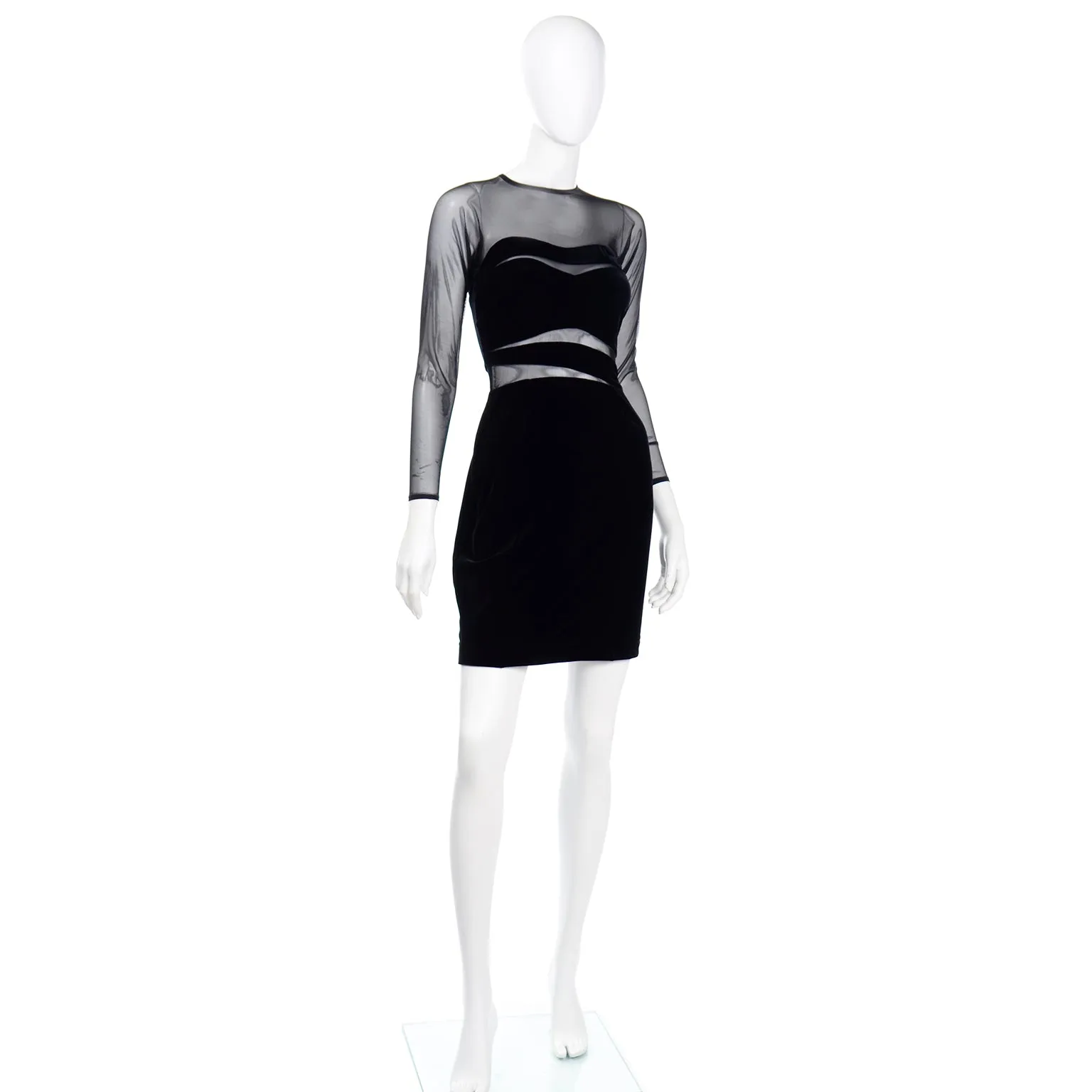 1990s Tadashi Shoji Vintage Black Bodycon Dress With Sheer Mesh