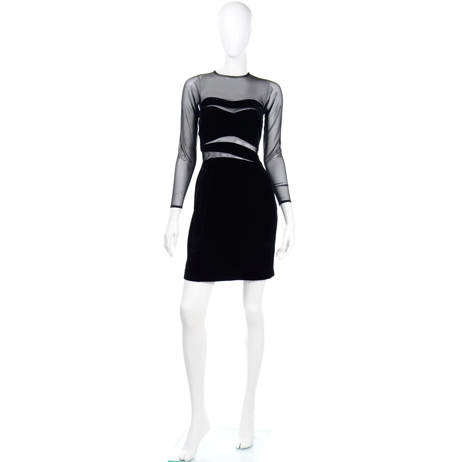 1990s Tadashi Shoji Vintage Black Bodycon Dress With Sheer Mesh