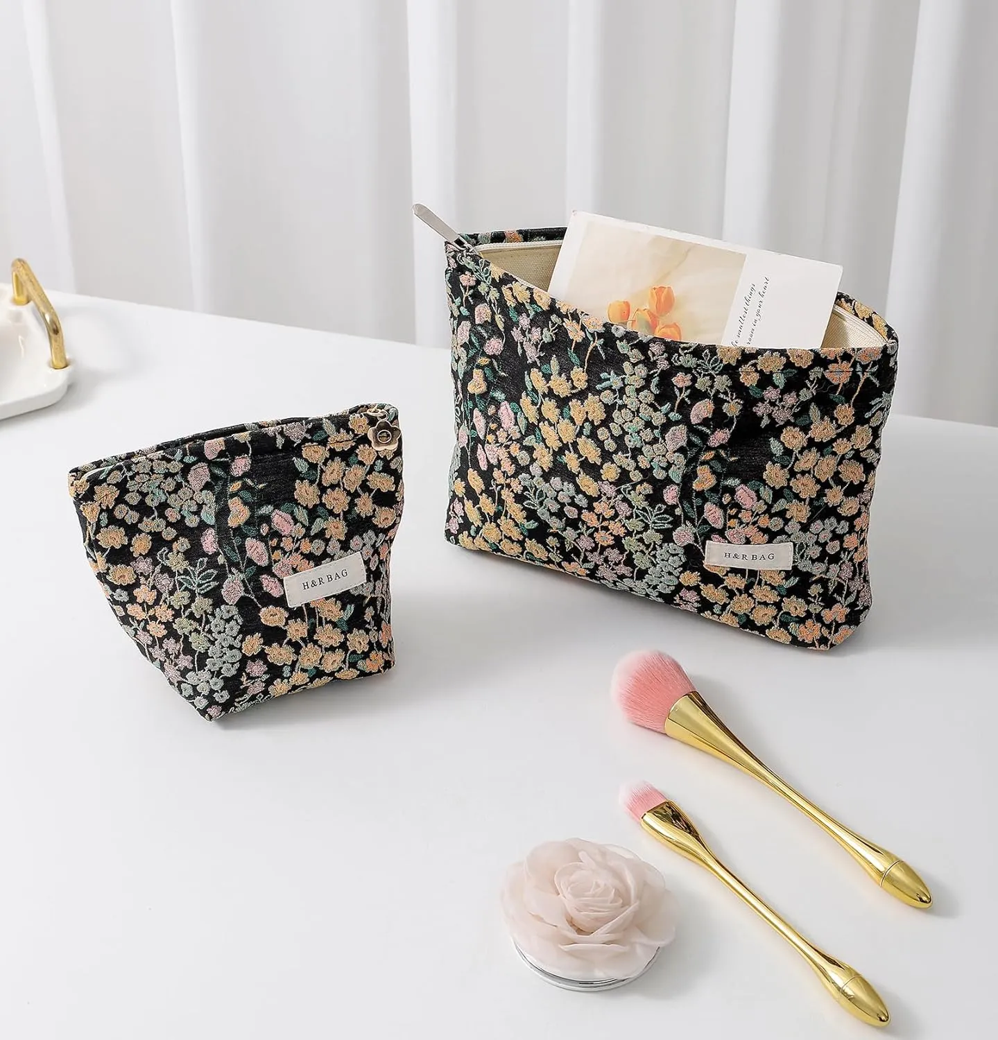 2 Pcs Makeup Bags, Large Cosmetic Bag Travel Toiletry Bag Organizer for Women, Embroidery Craft, Floral Makeup Bag Small Cosmetic Pouch Purse with Zipper Gifts for Girls Teen