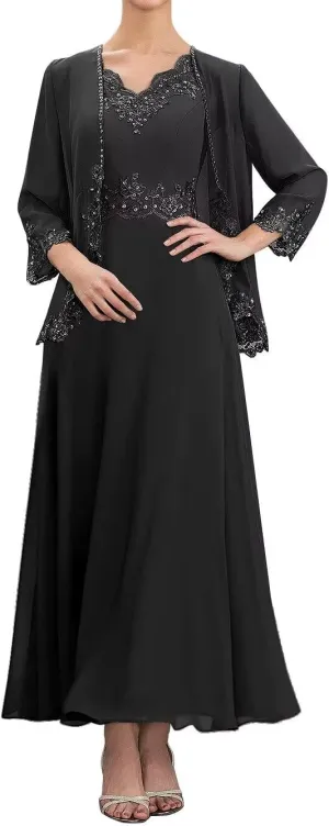 2 Piece Mother of The Bride Dresses with Jacket for Wedding Chiffon Lace Formal Evening Dress