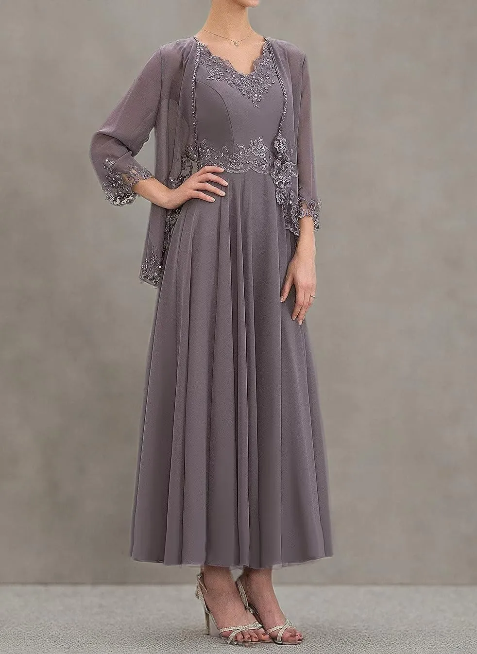 2 Piece Mother of The Bride Dresses with Jacket for Wedding Chiffon Lace Formal Evening Dress
