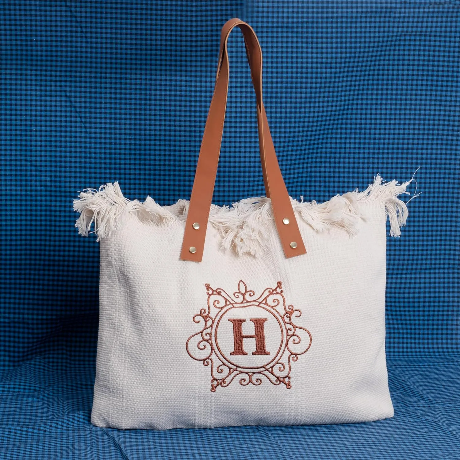 2025 Embroidered Initial Beach Tote Bag for Women Summer Soft Bag Large Capacity Shoulder Handbag Durable Canvas