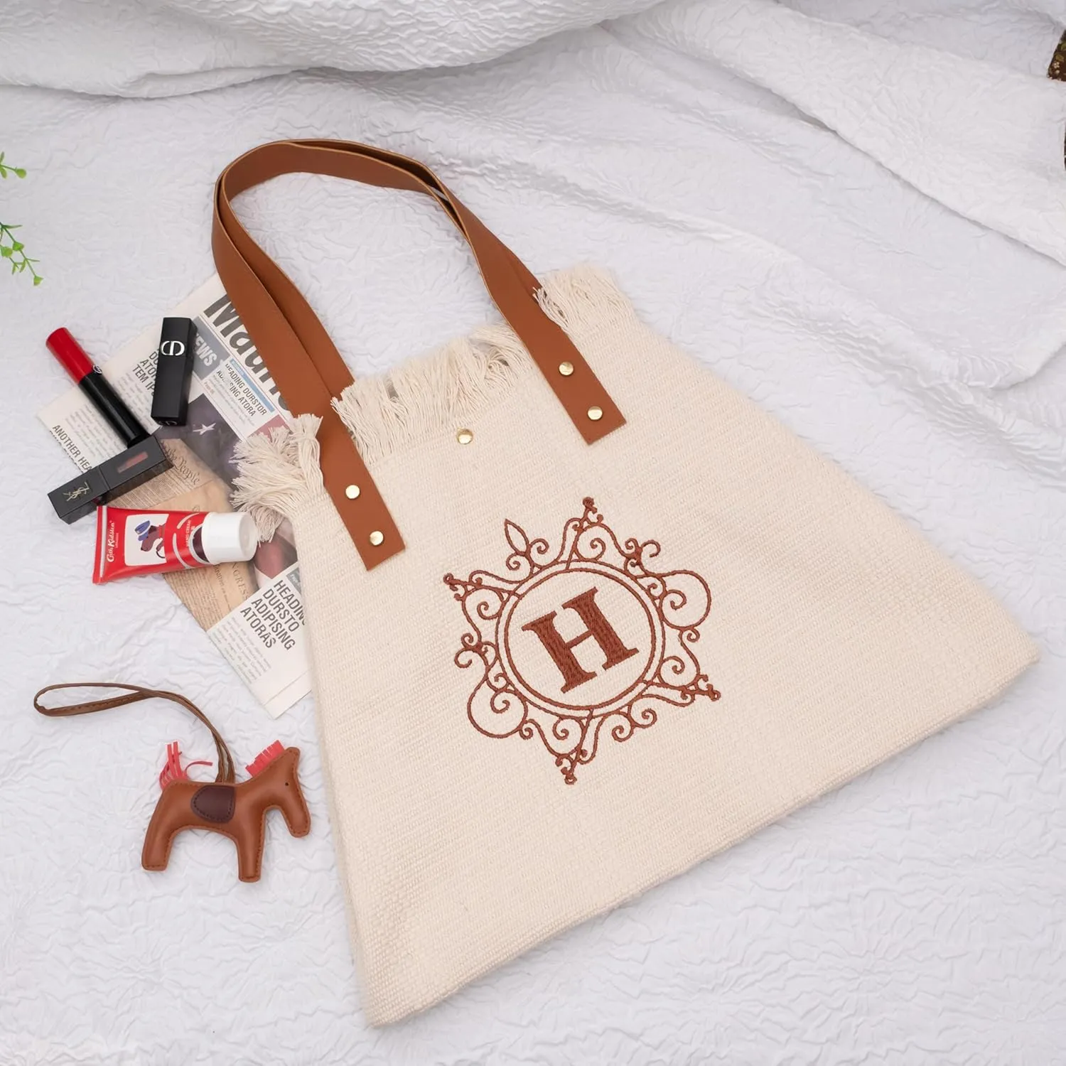2025 Embroidered Initial Beach Tote Bag for Women Summer Soft Bag Large Capacity Shoulder Handbag Durable Canvas