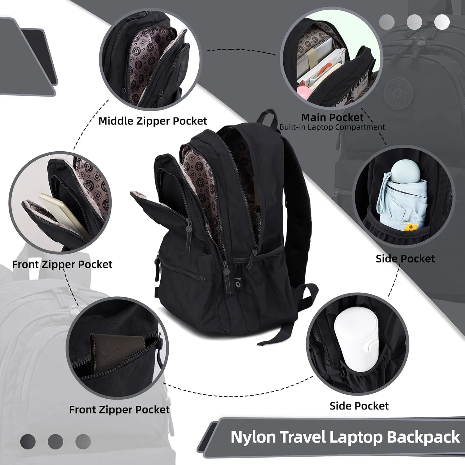28L Large Lightweight Nylon Travel Laptop Backpack for Men Women Computer Work Backpacks Casual Back Pack Daypack Backpack for Hiking Cycling, Fits 15.6 Inch Laptop - Black