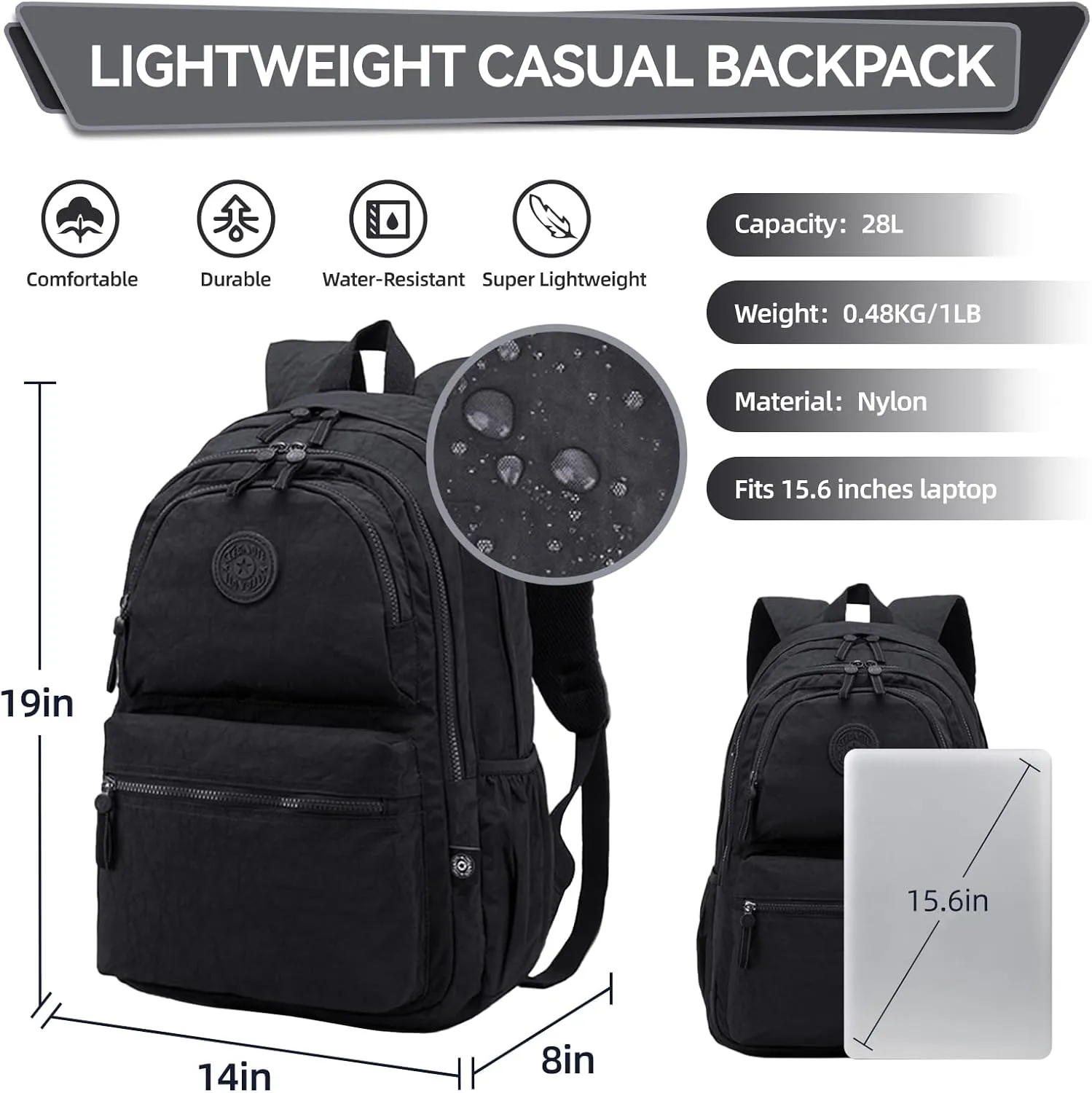 28L Large Lightweight Nylon Travel Laptop Backpack for Men Women Computer Work Backpacks Casual Back Pack Daypack Backpack for Hiking Cycling, Fits 15.6 Inch Laptop - Black