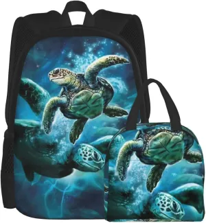 2pcs backpacks for boys/girls sea turtle Backpack with Lunch Bag School Two-Piece Picnic Travel Set