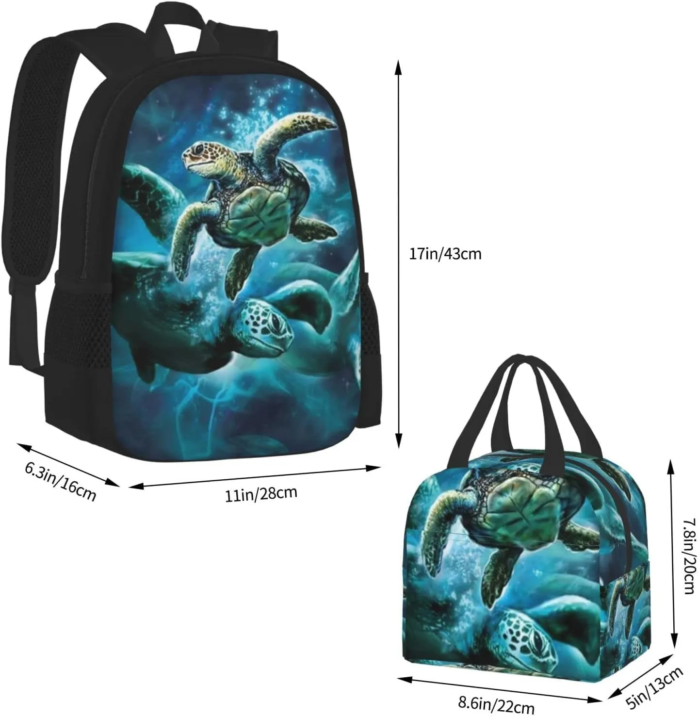 2pcs backpacks for boys/girls sea turtle Backpack with Lunch Bag School Two-Piece Picnic Travel Set