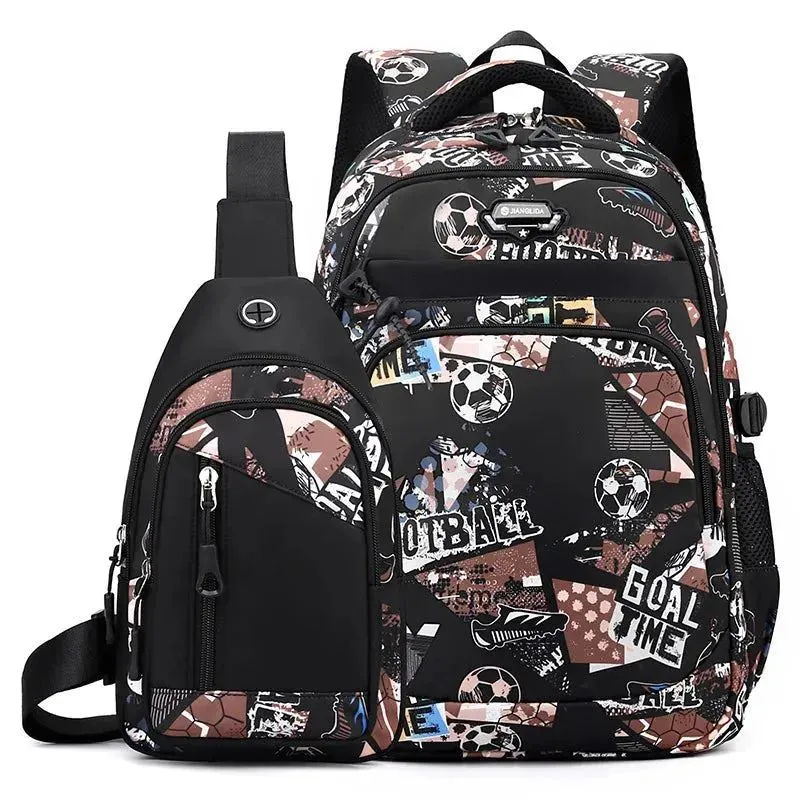 2pcs Football Printing Cool Backpacks With Chest Bag Capacity Rucksack Girl Boys Simple Shoulder Bags High School Schoolbags