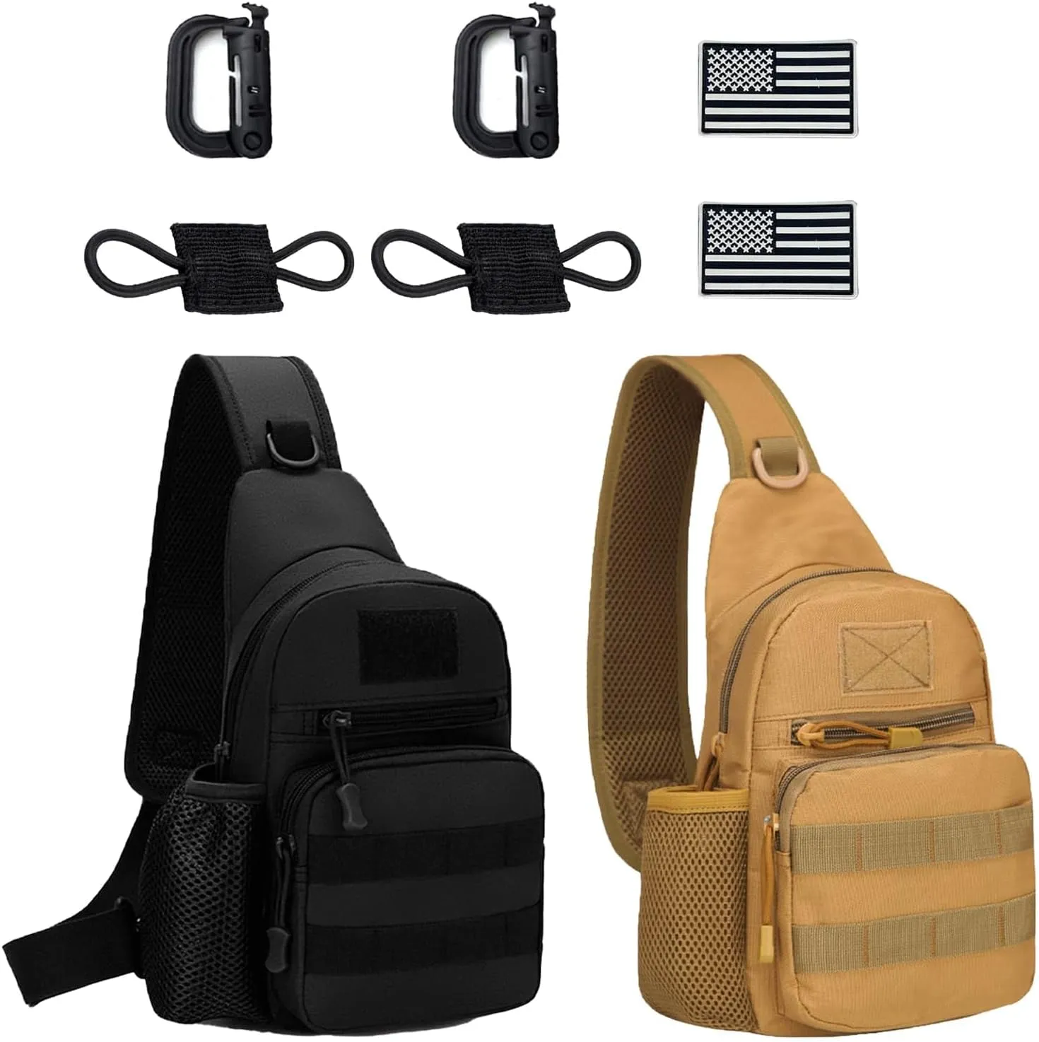 2PCS Tactical Sling Bag for Men，Military Backpacks for Men,Tactical Shoulder Bag for Hunting, Travel, Hiking (Black and Khaki)