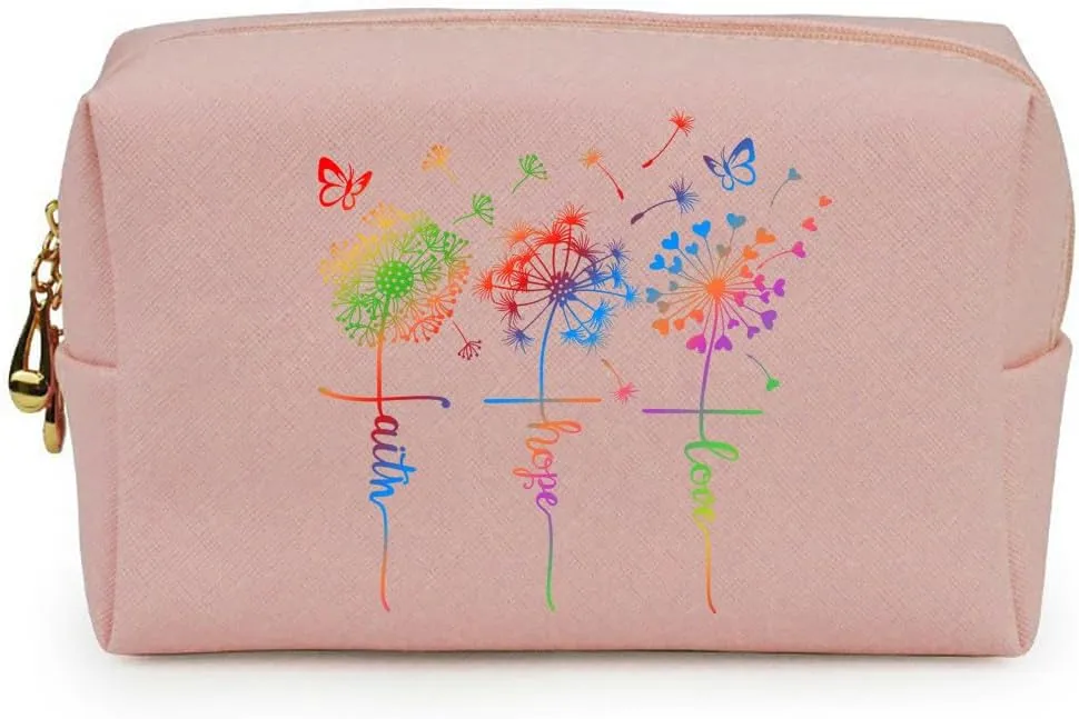 3-In-1 Faith Hope Love Rainbow Dandelion Canvas Tote Bag Grocery Reusable Handbags Jewelry Box and Makeup Bag Set