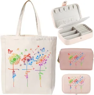 3-In-1 Faith Hope Love Rainbow Dandelion Canvas Tote Bag Grocery Reusable Handbags Jewelry Box and Makeup Bag Set