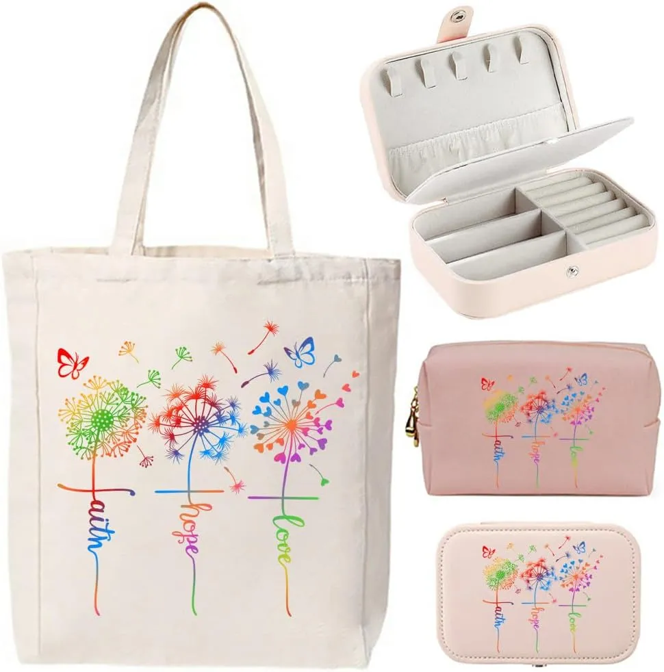 3-In-1 Faith Hope Love Rainbow Dandelion Canvas Tote Bag Grocery Reusable Handbags Jewelry Box and Makeup Bag Set