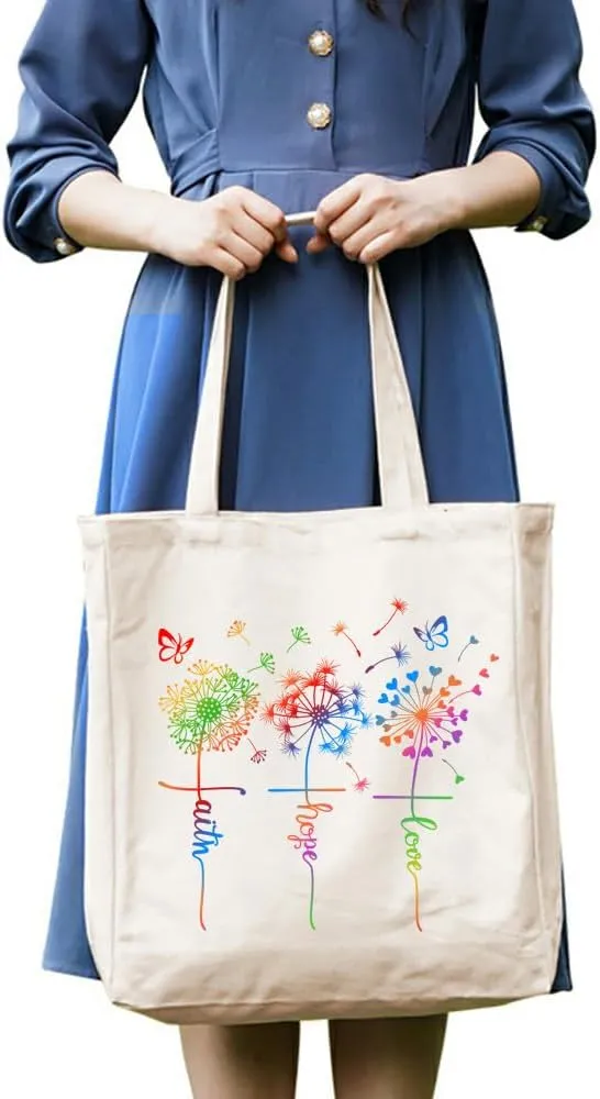 3-In-1 Faith Hope Love Rainbow Dandelion Canvas Tote Bag Grocery Reusable Handbags Jewelry Box and Makeup Bag Set