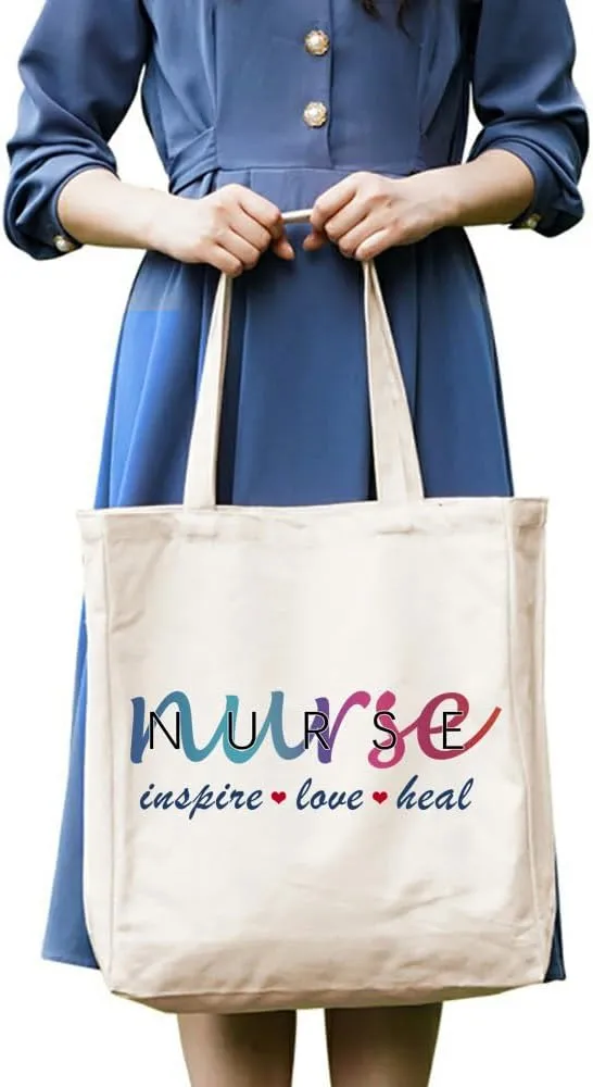 3-In-1 Nurse Inspire Love Heal Canvas Tote Bag Grocery Reusable Handbags Jewelry Box and Makeup Bag Set