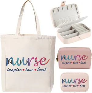3-In-1 Nurse Inspire Love Heal Canvas Tote Bag Grocery Reusable Handbags Jewelry Box and Makeup Bag Set