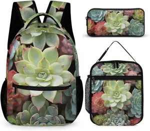 3 Pcs Backpack Set Green Succulents Travel Bag Portable Casual Daypack Sports Backpacks with Lunch Box Pencil Case