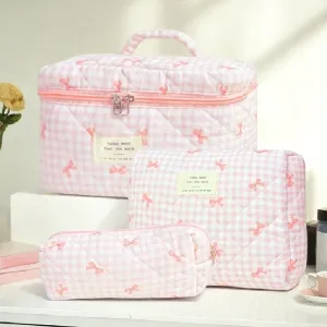 3 Pcs Quilted Makeup Bag Set, Bow, Coquette, Floral - Large Toiletry Cosmetic Organizer for Women & Girls (K-3PCS)