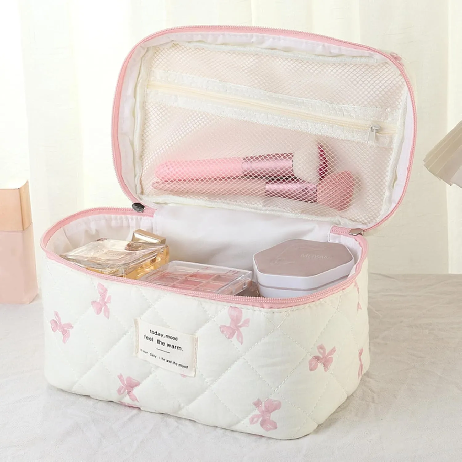 3 Pcs Quilted Makeup Bag Set, Bow, Coquette, Floral - Large Toiletry Cosmetic Organizer for Women & Girls (K-3PCS)