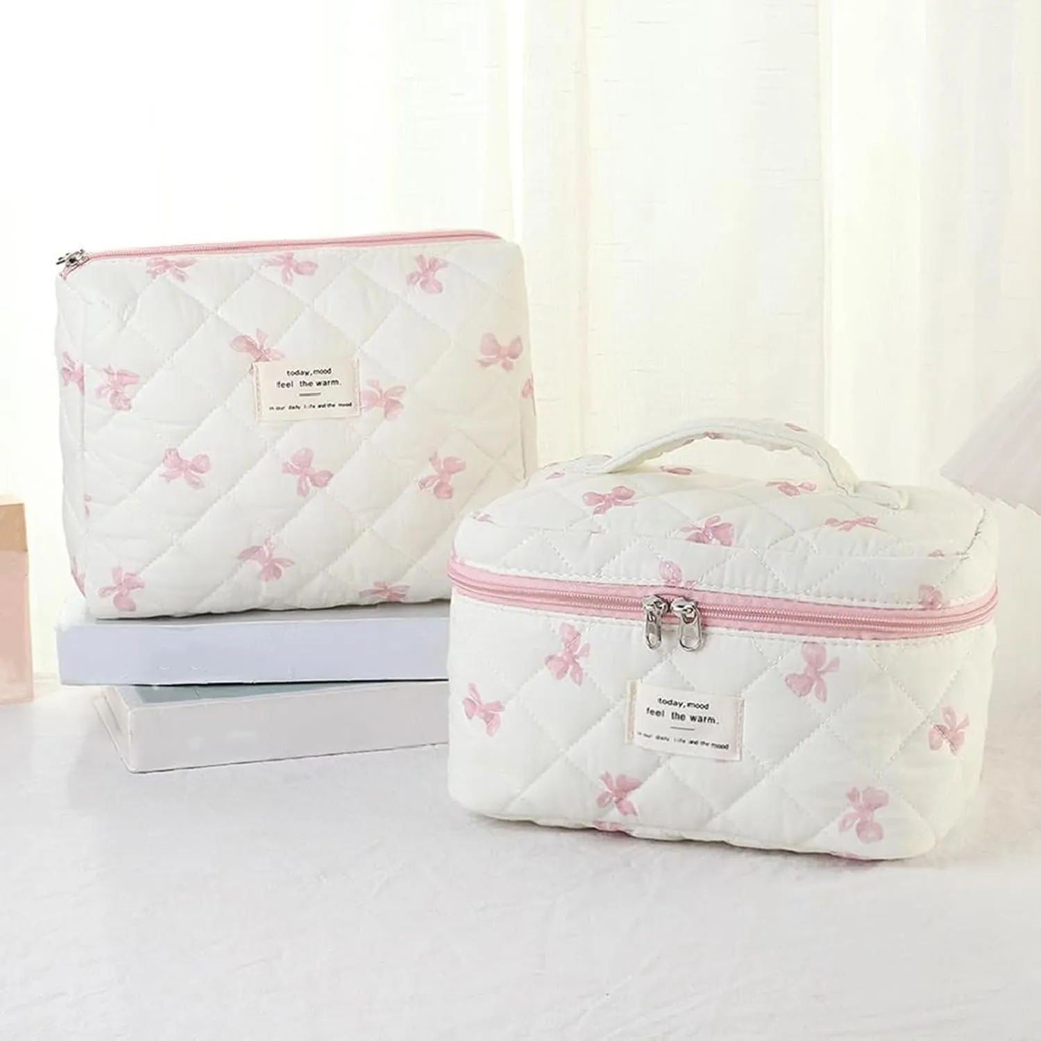 3 Pcs Quilted Makeup Bag Set, Bow, Coquette, Floral - Large Toiletry Cosmetic Organizer for Women & Girls (K-3PCS)