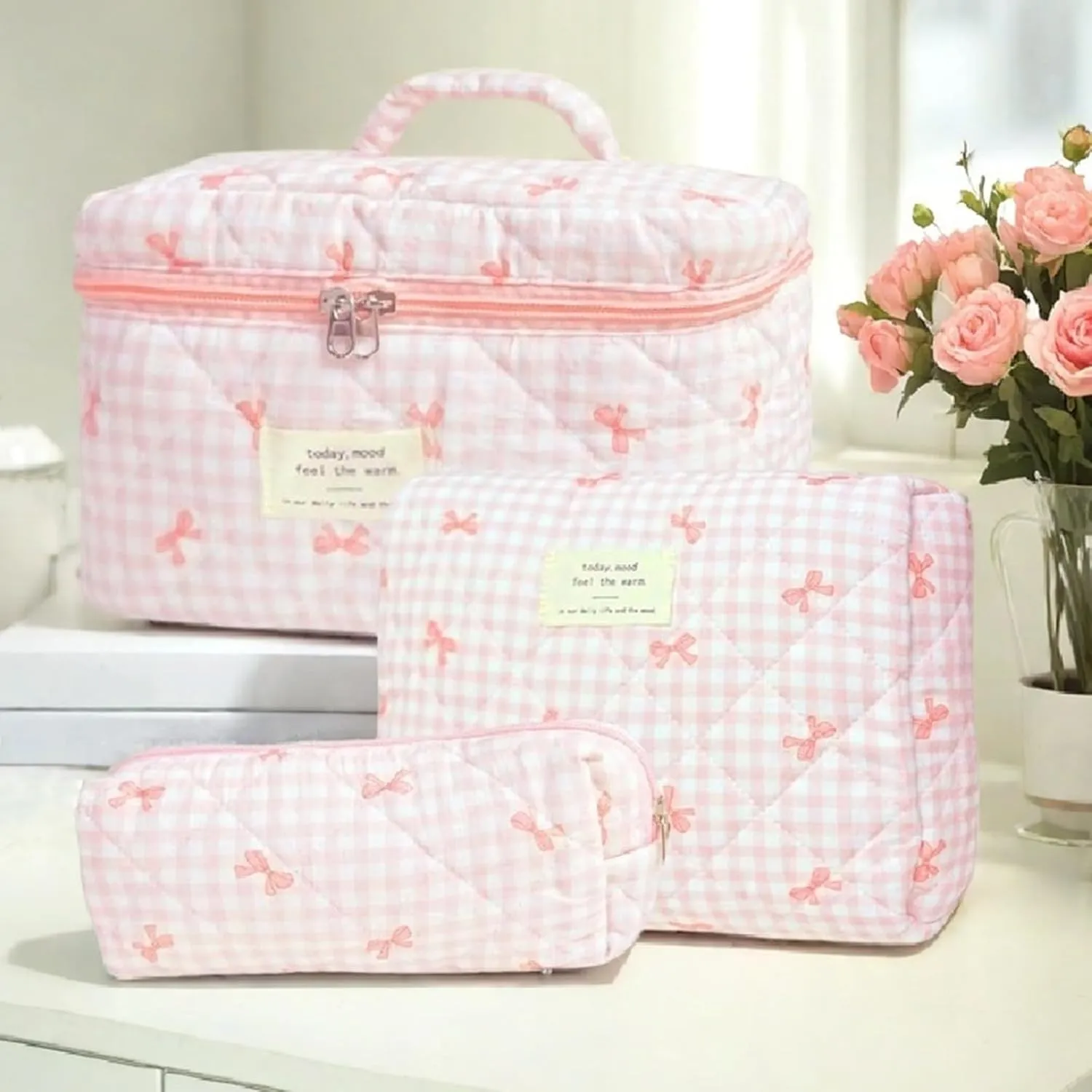 3 Pcs Quilted Makeup Bag Set, Bow, Coquette, Floral - Large Toiletry Cosmetic Organizer for Women & Girls (K-3PCS)