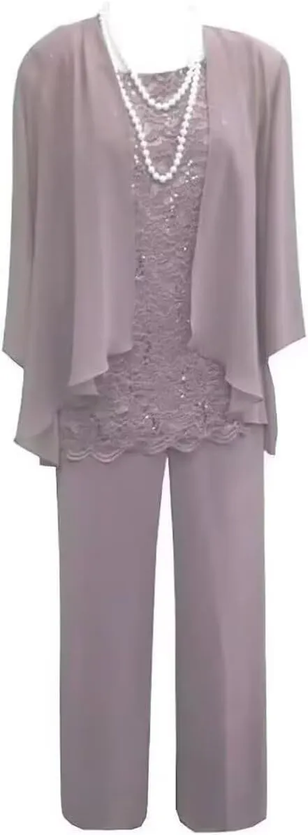 3 Pieces Mother of The Bride Dresses with Jacket for Wedding Chiffon Formal Evening Party Dresses with 3/4 Sleeves HND006