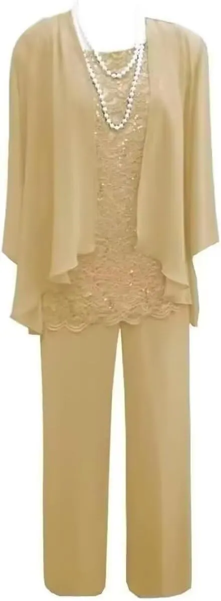 3 Pieces Mother of The Bride Dresses with Jacket for Wedding Chiffon Formal Evening Party Dresses with 3/4 Sleeves HND006