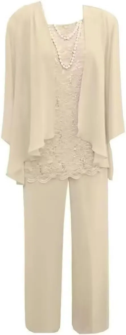 3 Pieces Mother of The Bride Dresses with Jacket for Wedding Chiffon Formal Evening Party Dresses with 3/4 Sleeves HND006