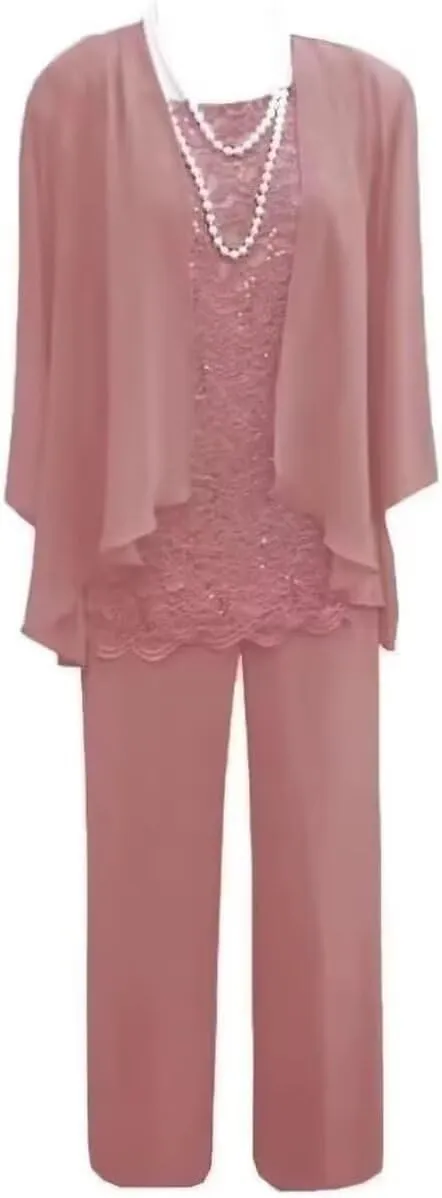3 Pieces Mother of The Bride Dresses with Jacket for Wedding Chiffon Formal Evening Party Dresses with 3/4 Sleeves HND006