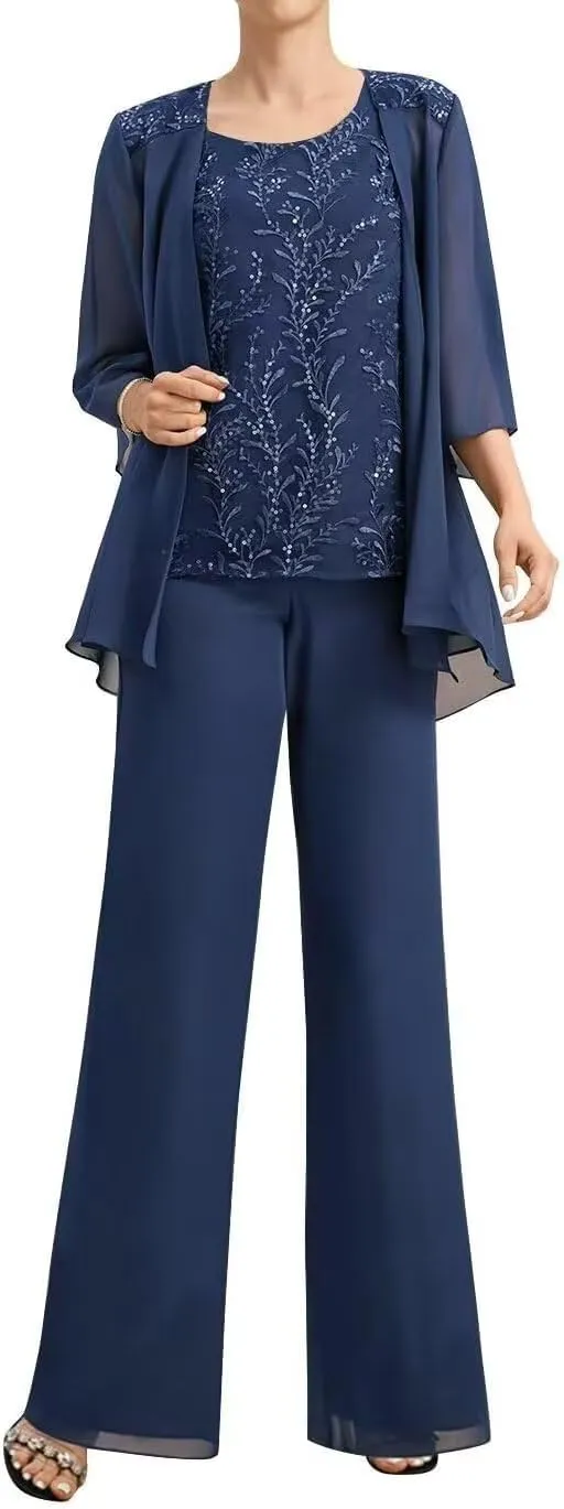 3 Pieces Mother of The Bride Pantsuits for Women Dressy Wedding Lace Appliques Formal Jumpsuit for Curvy Women