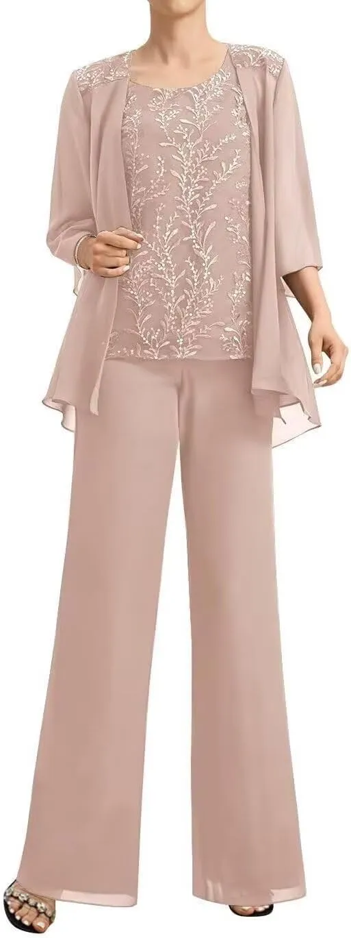 3 Pieces Mother of The Bride Pantsuits for Women Dressy Wedding Lace Appliques Formal Jumpsuit for Curvy Women
