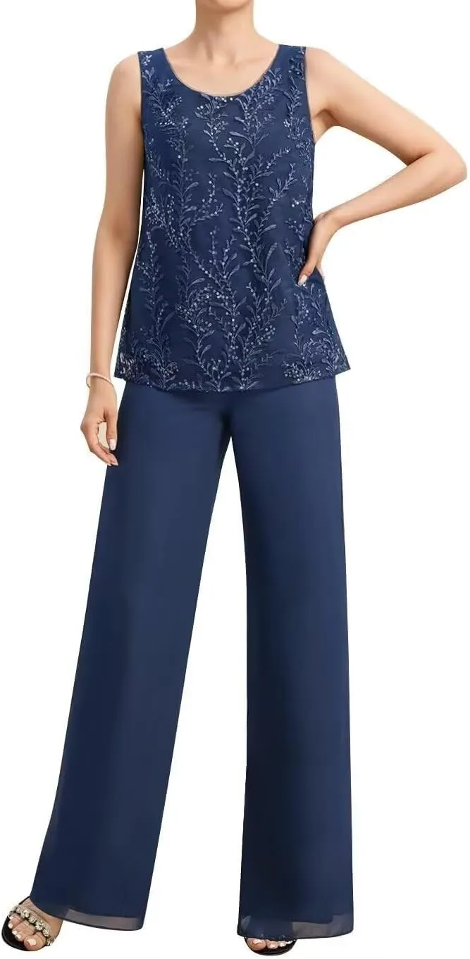 3 Pieces Mother of The Bride Pantsuits for Women Dressy Wedding Lace Appliques Formal Jumpsuit for Curvy Women