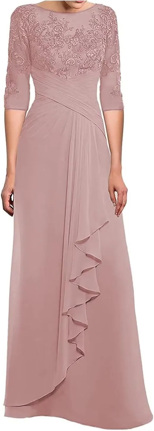 3/4 Long Sleeves Mother of The Bride Dresses for Wedding Lace Applique Ruched Formal Dresses for Women Evening Party
