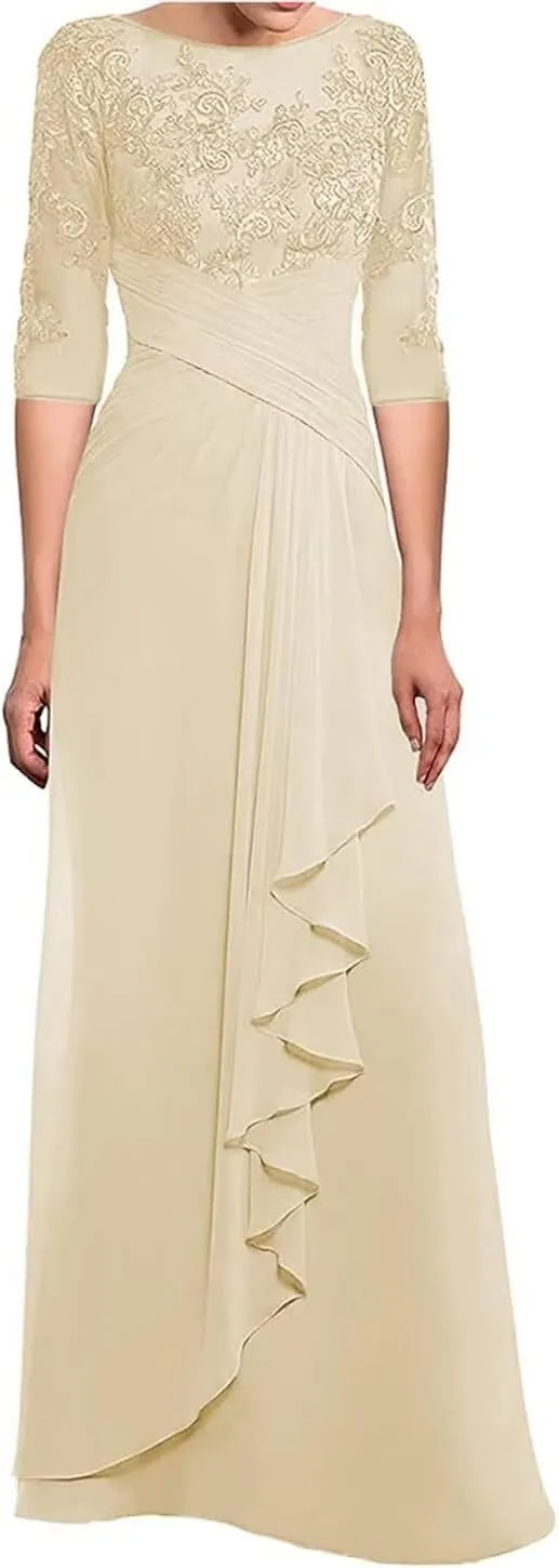 3/4 Long Sleeves Mother of The Bride Dresses for Wedding Lace Applique Ruched Formal Dresses for Women Evening Party