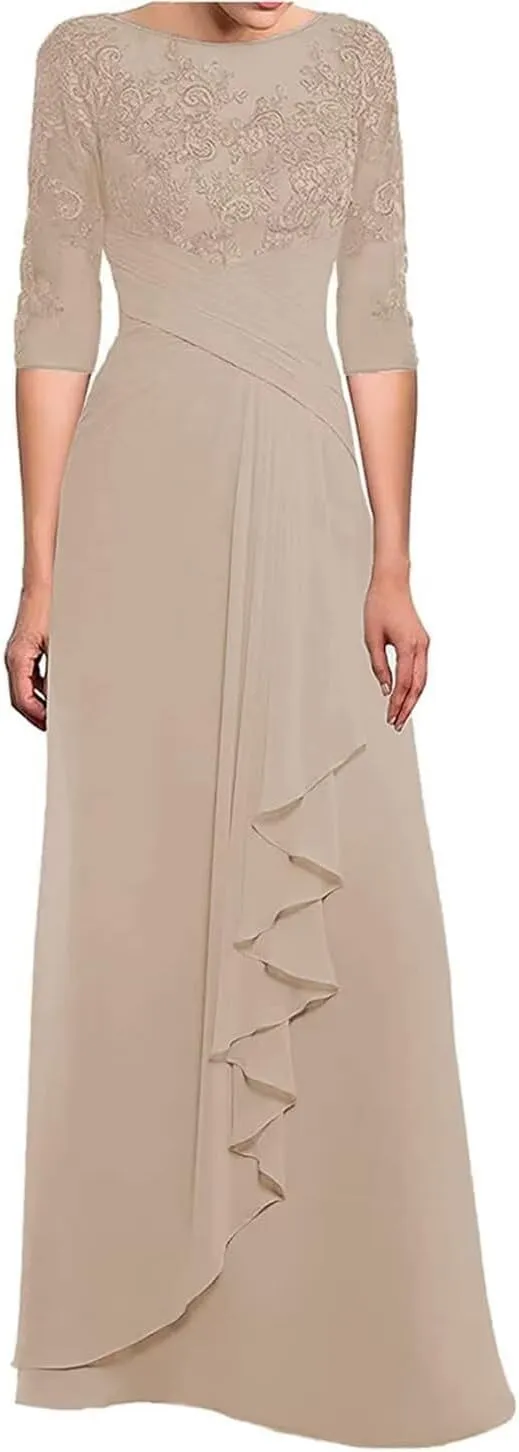 3/4 Long Sleeves Mother of The Bride Dresses for Wedding Lace Applique Ruched Formal Dresses for Women Evening Party