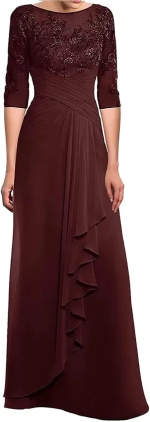 3/4 Long Sleeves Mother of The Bride Dresses for Wedding Lace Applique Ruched Formal Dresses for Women Evening Party