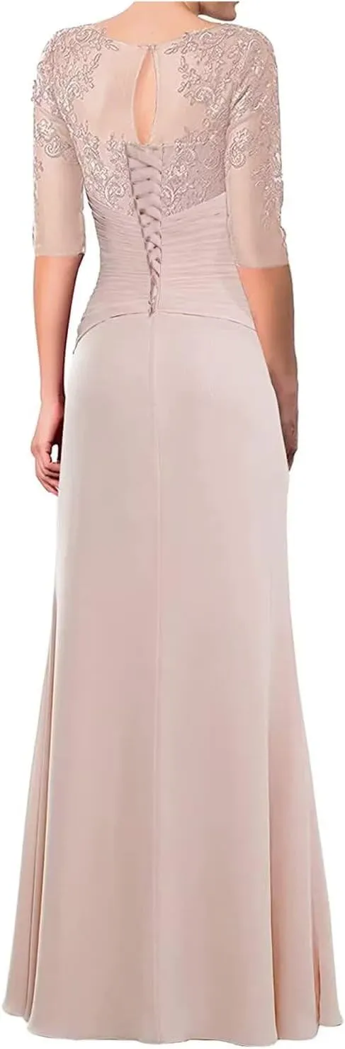 3/4 Long Sleeves Mother of The Bride Dresses for Wedding Lace Applique Ruched Formal Dresses for Women Evening Party
