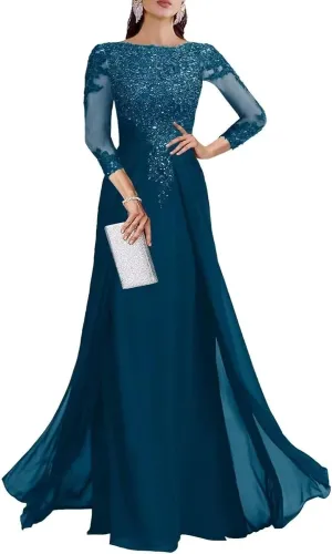 3/4 Sleeve Mother of The Bride Dresses for Wedding Sequin Lace Formal Maxi Gowns Chiffon Evening Dresses